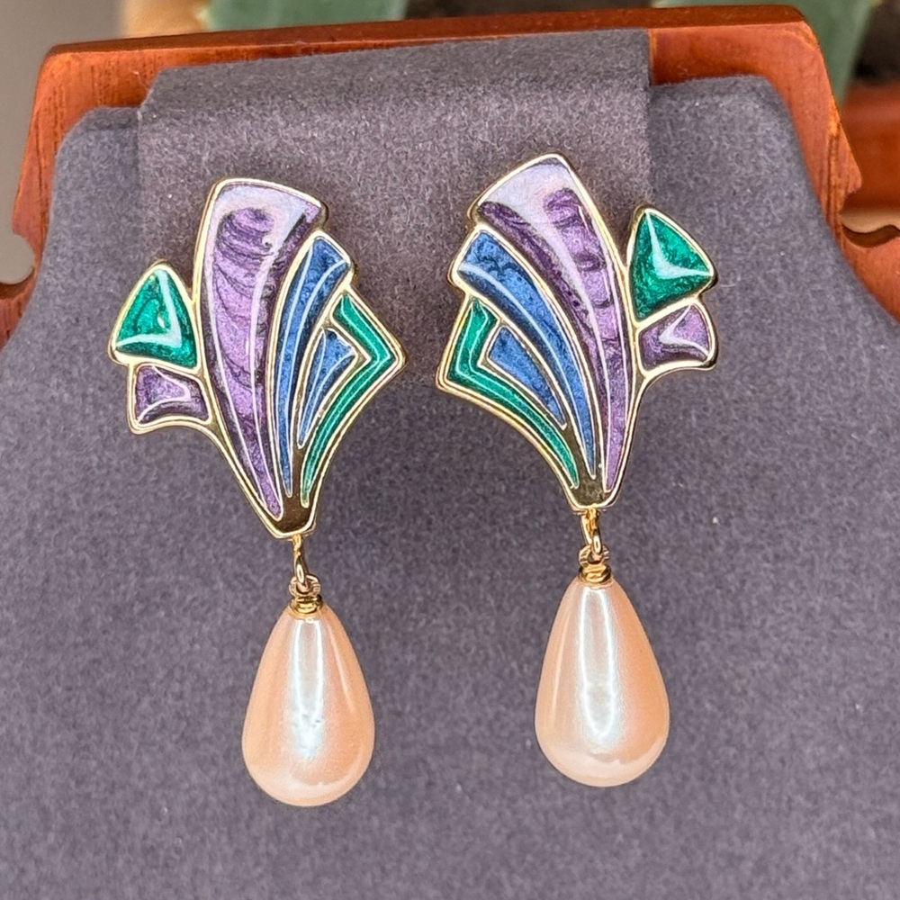 Vintage Trifari Enamel Drop Earrings Purple Green Blue Faux Pearl Clip On 1980s